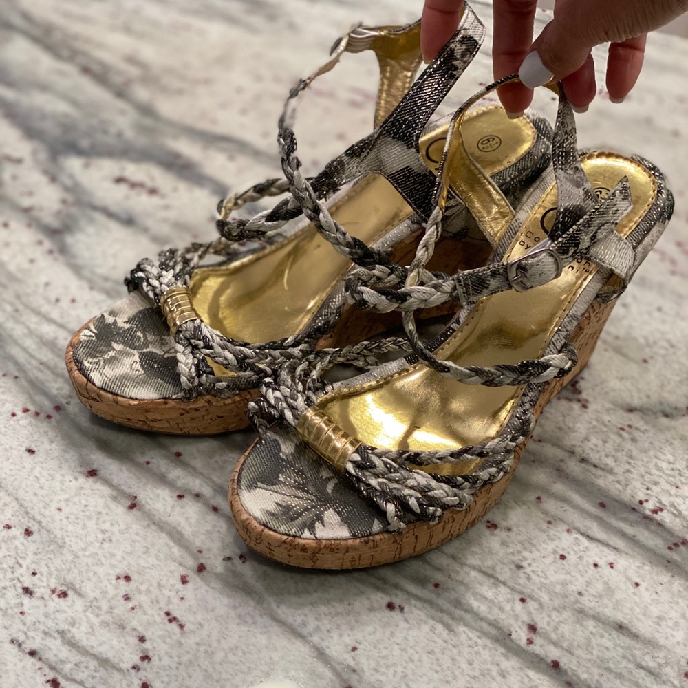 White, Gold, Gray and Silver Wedge Sandal